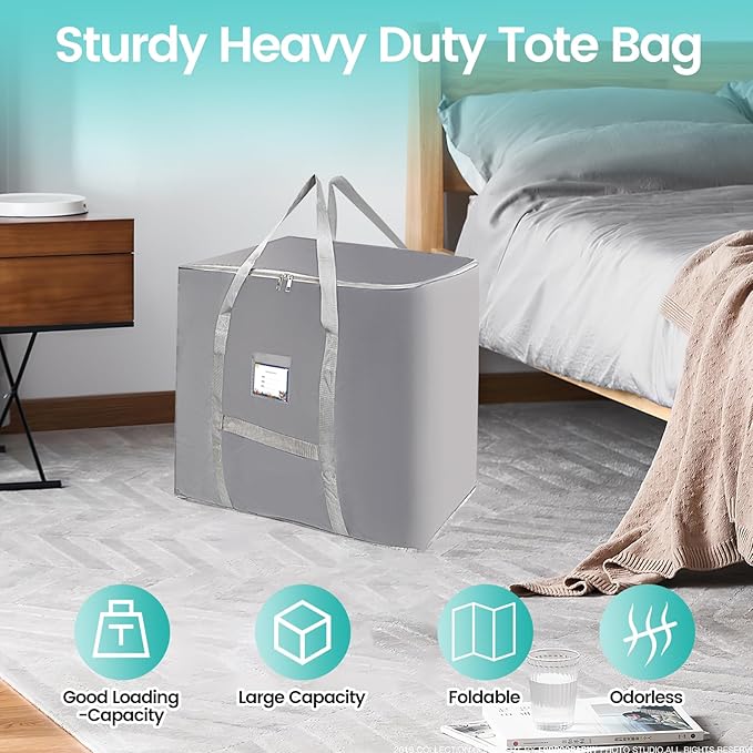 3 Pack Heavy Duty Moving Bags, Large Tote Bags, Space Saving, for Storage & Moving, with Reinforced Handles & Sturdy Zippers (Grey)