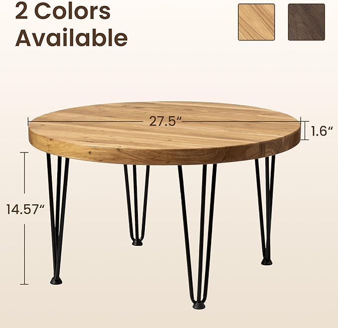 Fun Memories Round Coffee Table - Elm Wood Nesting Table with Metal Legs & Non Slip Feet Base - Rustic Nesting End Tables for Living Room Bedroom - 27.5" D x 27.5" W x 16" H - Natural Color