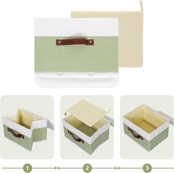 ANMINY Storage Boxes with Lids Washable Decorative Storage Bins Basket with PU Leather Handle Foldable Linen Fabric Storage Cubes Containers for Home Closet Organizer - Green White, Small Size-NeatNest