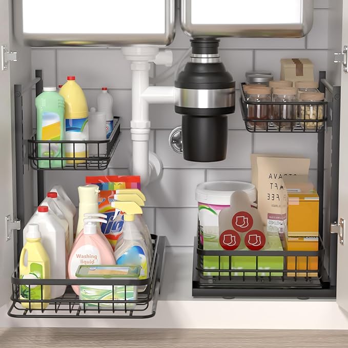 Under Sink Organizer, Adjustable Height Pull-Out Kitchen Storage Organization,15.8" x 11.8" x 16.5",2-Tier Kitchen Shelf,Bathroom Drawer Organizer, Black-NeatNest
