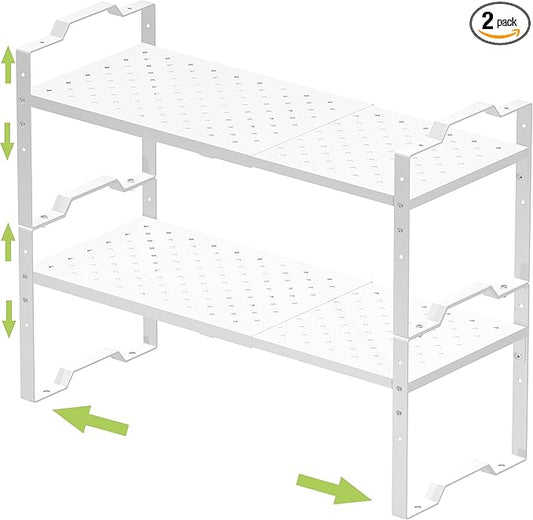 Expandable Shelf for Cabinet Organizer Adjustable Stackable Spice Rack at Kitchen and Bathroom More, Counter Countertop Cupboard Organization Pantry Storage, (2 Packs/White, Large)-NeatNest