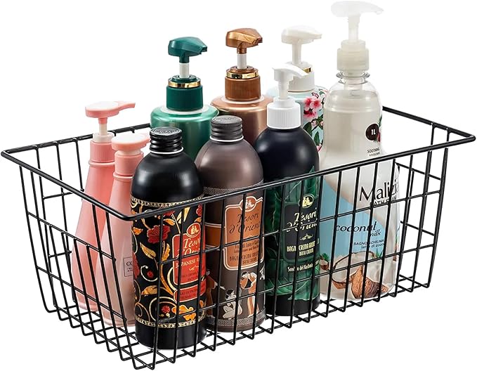 15.2" Metal Wire Baskets for Organizing 6 Pack, Household Pantry Storage Freezer Organizer Bins with Handles, Freezer Baskets for Upright Freezer, Refrigerators, Kitchen Cabinets, Black
