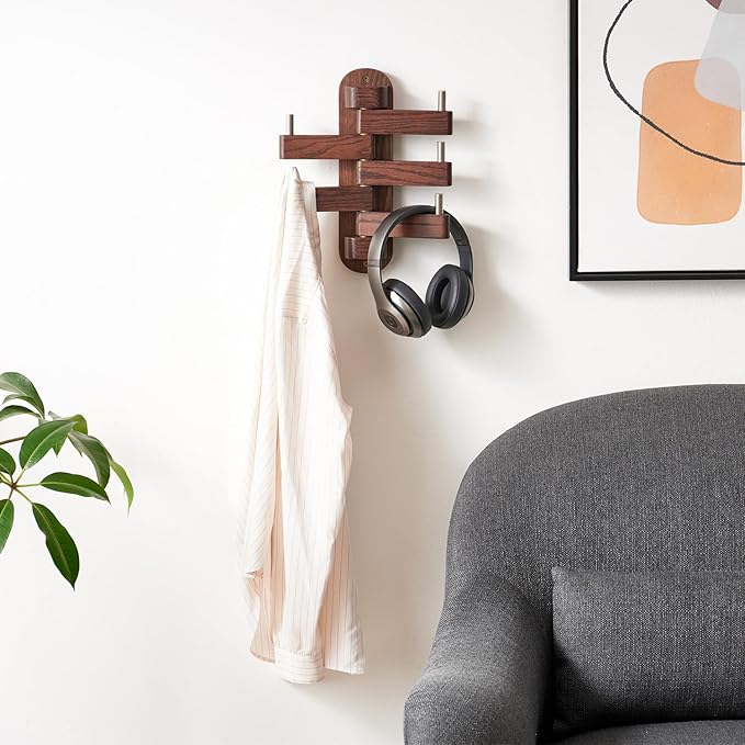 Coat Hooks for Wall, Oak Wood Wall Hooks with 5 Swivel Foldable Arms, 12'' Length Coat Rack Hat Hooks for Bathroom Entryway Bedroom Office Kitchen, Heavy Duty (Walnut)-NeatNest