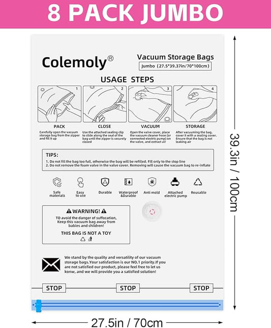 Colemoly Vacuum Storage Bags with Electric Air Pump, 8 Jumbo Compression Bags, Space Saver Vacuum Seal Bags for Clothing, Blanket, Comforter, Travel, Moving-NeatNest