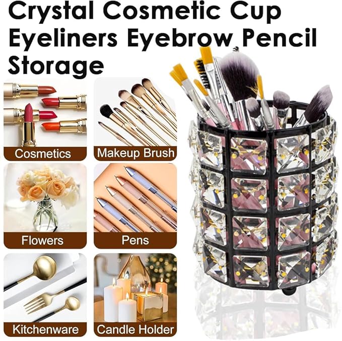 AKOAK 1 Pack Crystal Makeup Brush Holder Office Supplies Storage Rack Eyebrow Pencil/Lipstick/Pencil Makeup Container, Dressing Table, Bedroom, Office (Black)-NeatNest