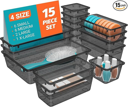 15 PCS Clear Plastic Drawer Organizer Set, 4-Size Acrylic Drawer Storage Trays, Storage Bins for Makeup, Gadgets, and Jewelry in Bathroom, Bedroom and Office, Clear Black-NeatNest