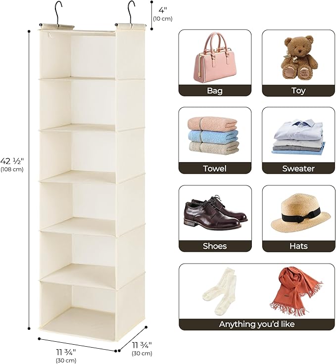 GRANNY SAYS 6 Shelf Hanging Closet Organizers and Storage, Collapsible Closet Hanging Organizer with 2 Sturdy Hooks, Large Hanging Shelves for Closet, College Dorm, Locker, Beige-NeatNest