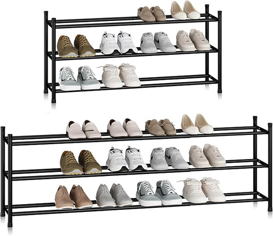 STORAGE MANIAC Long Expandable Shoe Rack, 18 Pairs Metal Wide Stackable Shoe Rack, Adjustable Shoes Shelf, Freestanding Shoes Organizer for Closet, Entryway, Hallway, Garage, Front Door, 3 Tiers-NeatNest