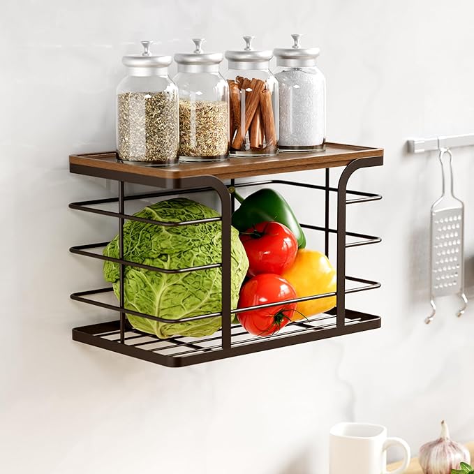 2 Pack Storage Stackable Kitchen Laundry Pantry Organizers,Wall Mount Trash Bag Holder Dispenser with Bamboo Top Countertop Organizer,Brown-NeatNest