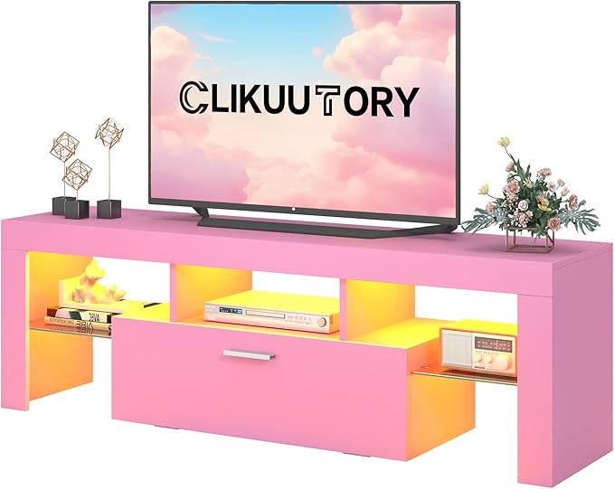 Clikuutory Modern Lighting 51 inch TV Stand with Large Storage Drawer for 32 40 50 55 Inch TVs, TV Console with 20 Color LED Lights, Entertainment Center Media and Open Shelf for Bedroom, Pink-NeatNest
