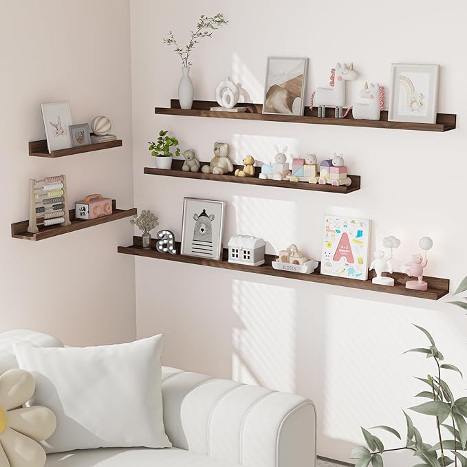 Heimlove Picture Ledge Shelf, Floating Shelves Set of 2, 56 Inches Picture Shelf for Wall with Ledge, Kids Bookshelf Wall Mounted for Living Room Bedroom Decor Books Photo Frames, Walnut-NeatNest