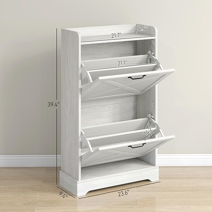 HOMCOM Slim Shoe Cabinet for Entryway, Farmhouse Hidden Shoe Storage Cabinet with 2 Flip Drawers and Adjustable Shelves for 8 Pairs of Shoes, Distressed White
