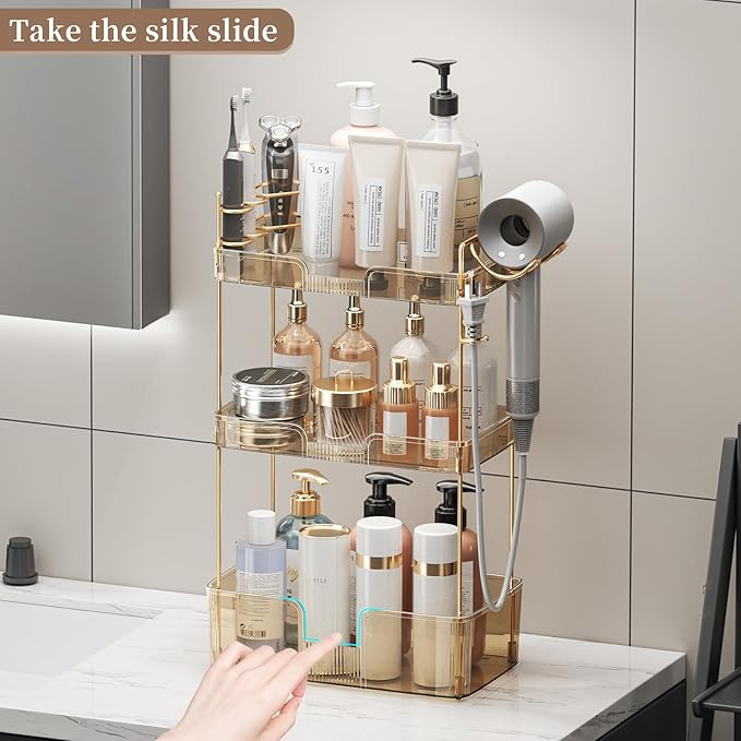 YCIA&DONE Luxury Bathroom Counter Organizer, Large Makeup Organizer Countertop, Shelf Organizer, Vanity Tray, Easily Assemble for Bathroom Organizers and Storage, Undersink, Cabinet,3 Tiers Amber-NeatNest