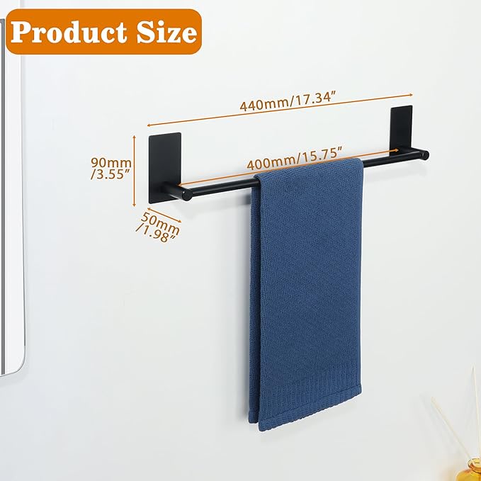 Alise Towel Racks for Bathroom, 16 Inch SUS 304 Stainless Steel Adhesive Towel Bar No Drill, Strong Adhesion Matte Black Towel Rack, Rustproof Bath Towel Holder