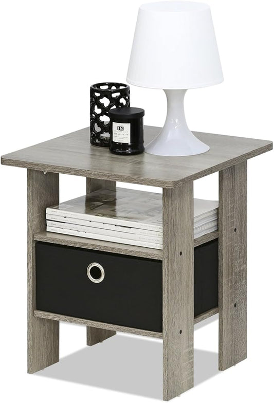 Furinno Andrey End Table / Side Table / Night Stand / Bedside Table with Bin Drawer, French Oak Grey/Black