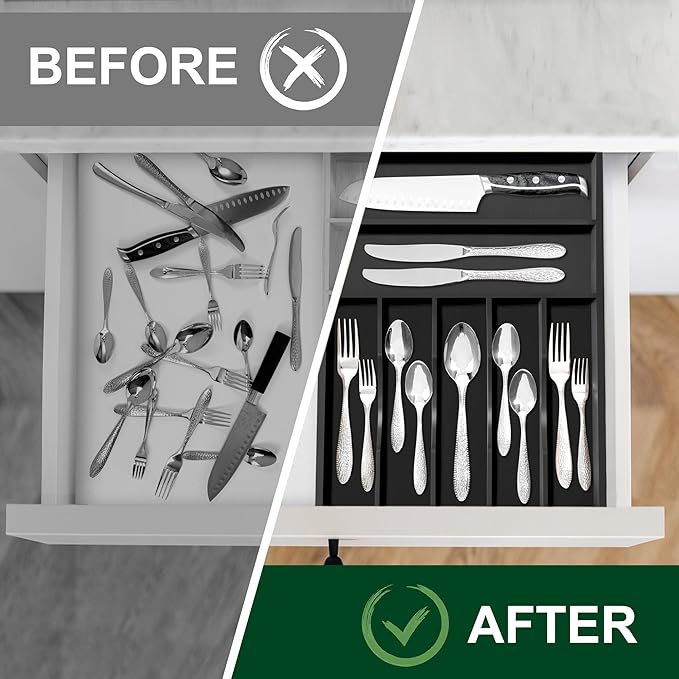 Bellsal Black Utensil Organizer 12.5 Inch Silverware Tray for Drawer Utensil Holder Cutlery Organizer Kitchen Drawer Organizer 7 Compartment Small Narrow Bamboo-NeatNest