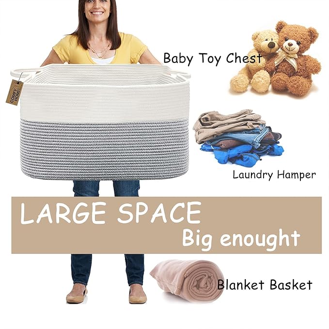 COMFY-HOMI Large Rectangle Laundry Storage Basket | Cotton Rope Woven, Organizing with Handle | Dirty Cloth & Baby Shower Basket | 22x15x12' - White/Grey-NeatNest