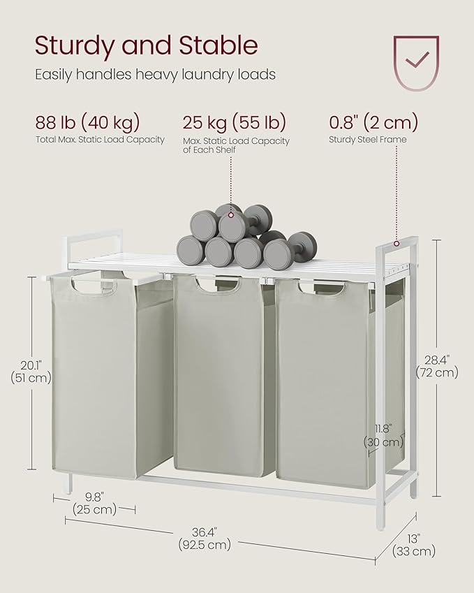 VASAGLE Laundry Hamper, Laundry Basket, Laundry Sorter with 3 Pull-Out and Removable Bags, Shelf, Metal Frame, 3 x 10.6 Gallons (40 L), 36.4 x 13 x 28.4 Inches, Cream White and Cloud White UBLH301W01-NeatNest