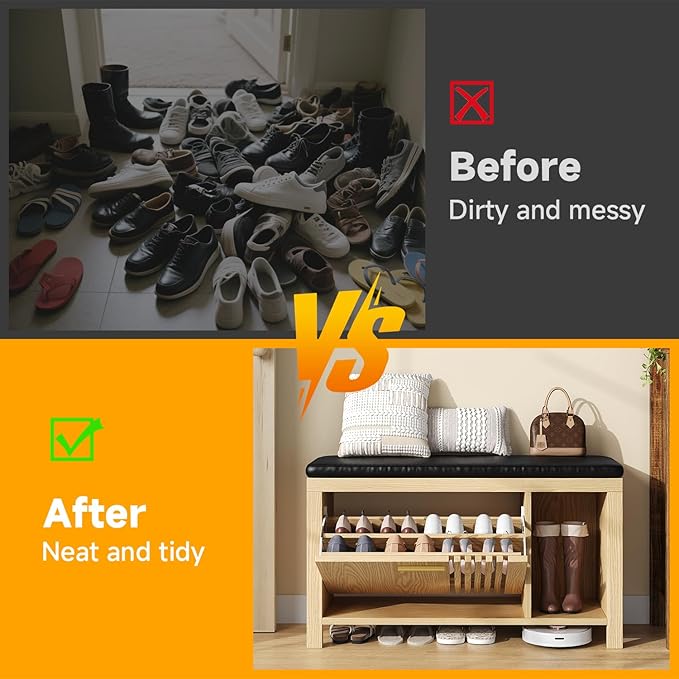 40" Shoe Storage Bench with Flip Drawers & Padded Seat Cushion, Adjustable Shelf, Slatted Doors Entryway Bench Shoe Cabinet with Bench for Entryway Living Room Bedroom, Natural