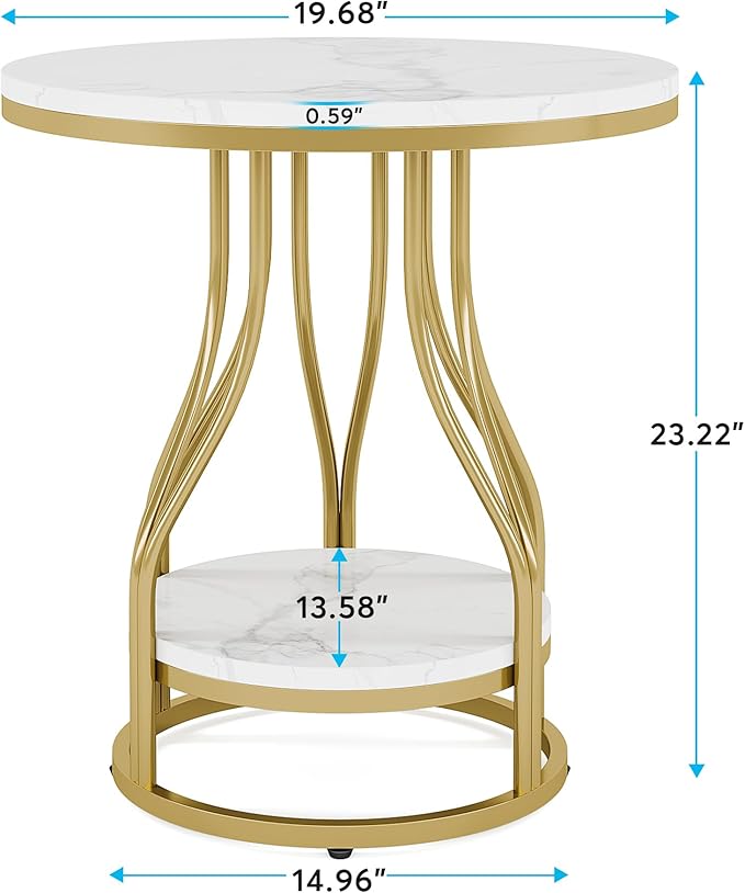Tribesigns Round Side End Table 2-Tier End Tables Modern Bedside Table Small Chirside Tables with Storage for Couch Side, Nightstand with Metal Frame for Living Room (1, White+Gold)