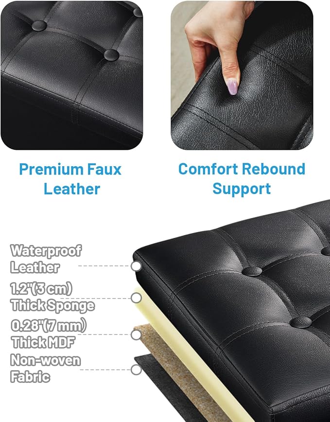 AmasSmile Storage Ottoman Folding Foot Rest Stool with Side Pocket, 16 inch Leather Footstool Bench, Short Ottoman Bench, Storage Foot Rest Store, Books, Black-NeatNest