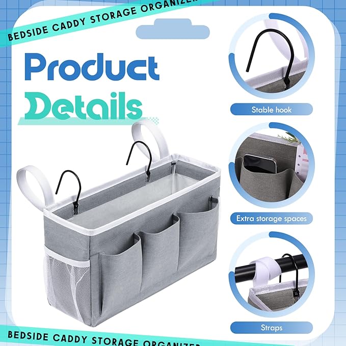3 Pcs Bedside Caddy Storage Organizer, Bedside Hanging Storage Bag with Pockets and Fixed Straps for Bunk Bed Shelf Dorm Rooms Crib Bed Rails Hospital Beds, Can Be Placed Glasses Books-NeatNest