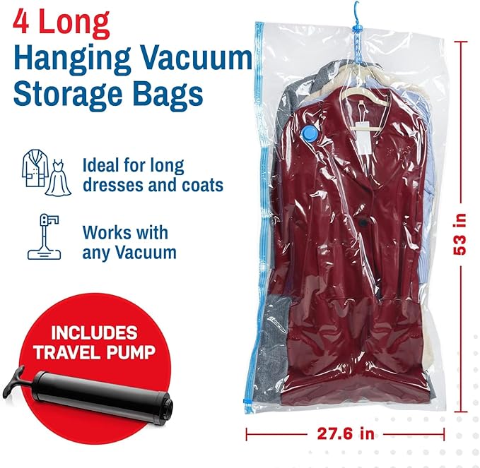 Spacesaver Hanging Vacuum Storage Bags (Pack of 4) - Vacuum Sealer Bags, Closet Organizer, Sealed Storage, Space Bag - Blanket, Bedding, Garment, Clothing, Dress, Suit, Long Coat, Jacket