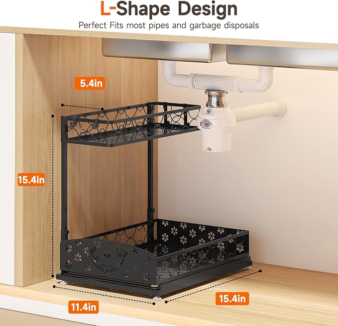 2 Packs Under Sink Organizer, High Adjustable 2 Tier Under Kitchen sink organizer, Multi-Purpose Storage Shelf for Kitchen Bathroom Cabinet, Black (Black02)-NeatNest