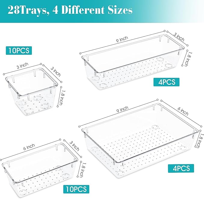 28 PCS Clear Plastic Drawer Organizers Set, 4 Size Desk Drawer Organizer Trays for Makeup, Jewelry, Kitchen Utensils, Gadgets and Office Accessories-NeatNest