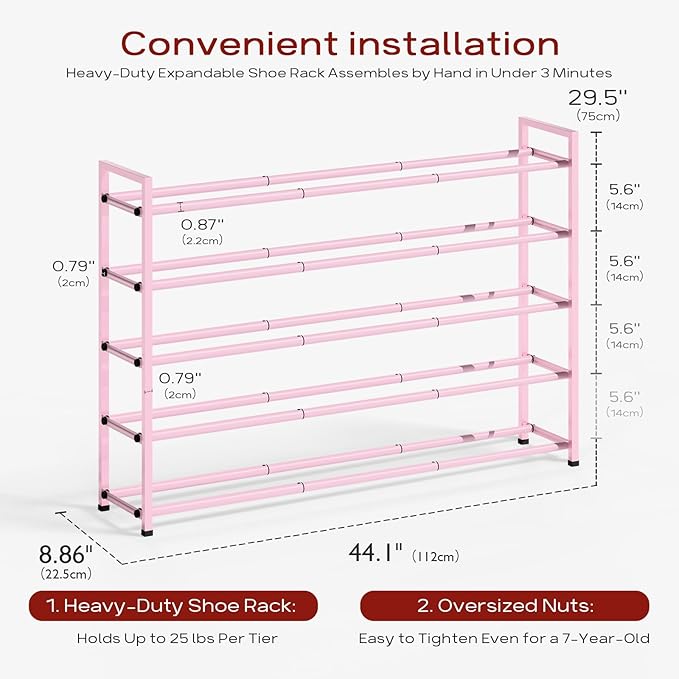Bumusty 5-Tier Long Expandable Shoe Rack for Closet, 18"-44" Adjustable Shoe Rack for Entryway, 25-30 Pairs Large Shoe Organizer Shelf Storage, Sturdy Metal, Pink-NeatNest