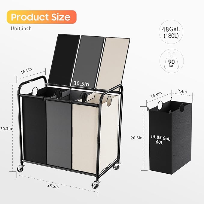 180L (47.55 Gal) Laundry Sorter 3 Section, Rolling Laundry Basket with Lockable Wheels and Lid, Laundry Hamper with 3 Separated Removable Bags Dirty Clothes Hamper for Laundry Room, Multicolor-NeatNest