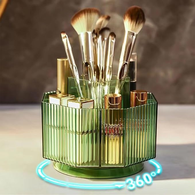 LINFIDITE 360°Rotating Makeup Organizer Holder Cosmetic Display Case Clear Makeup Brush Lip Gloss Organizer Case with 5 Slots Round Turntable Storage Tray for Vanity, Bathroom, Counter Organizer Green-NeatNest