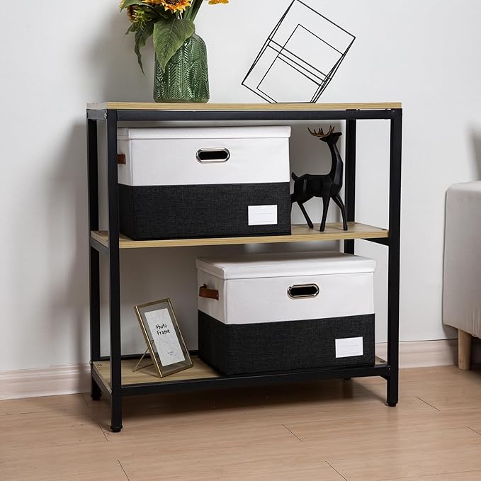 PRANDOM Foldable Storage Bins with Lids [3-Pack] Fabric Collapsible Storage Boxes Baskets Cubes Containers with Handles for Closet Living Room Bedroom (Black & White 17.7x11.8x11.8'')-NeatNest