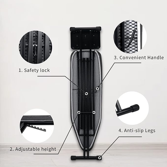 Duwee 13"x43" Ironing Board with Heat Resistant Cover and Thicken Felt Pad, Ironing Boards with Silicone Steam Iron Rest, Heavy Sturdy T-Legs,Black