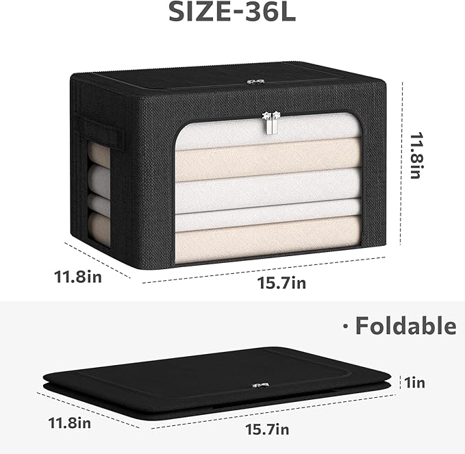 Clothes Storage Bins Box - Linen Fabric Foldable Stackable Container Organizer Set with Clear Window & Carry Handles & Metal Frame (Black, Medium-36L)-NeatNest