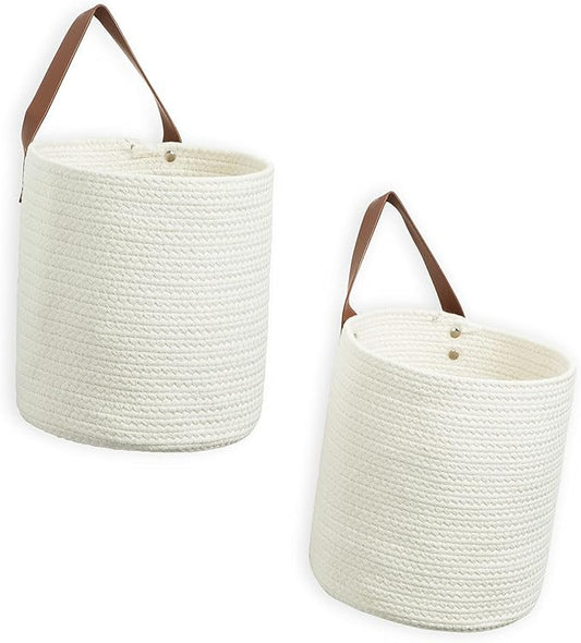 DULLEMELO Rope Hanging Baskets 2 Pack - 7"(D) x 8"(H) Small Woven Wall Storage Basket for Organizing,Hanging Decorative Baskets for Home Bedroom Office Plants (White)-NeatNest