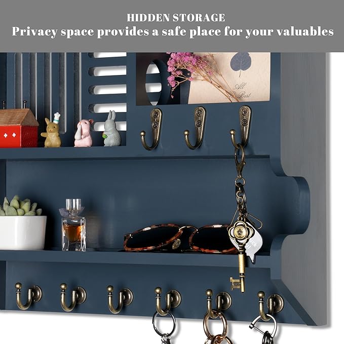 Key Holder for Wall, Mail and Key Holder for Home Decor, Key and Mail Holder for Wall with Key Hooks, Gray