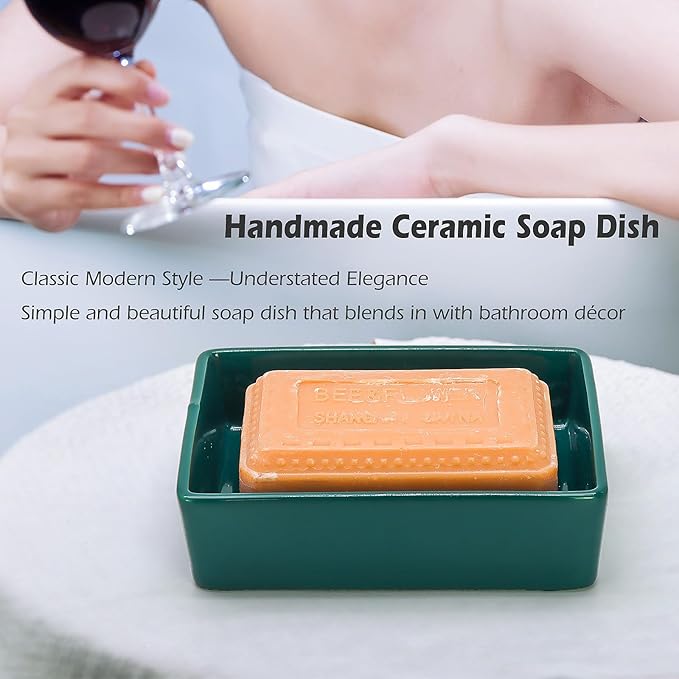 Green Soap Dish，Ceramic Soap Dishes for Sink Bathroom Shower Kitchen, Easy to Clean Keeps Soap Dry, Multi-Purpose Non-Slip Soap Tray (Dark Green)-NeatNest