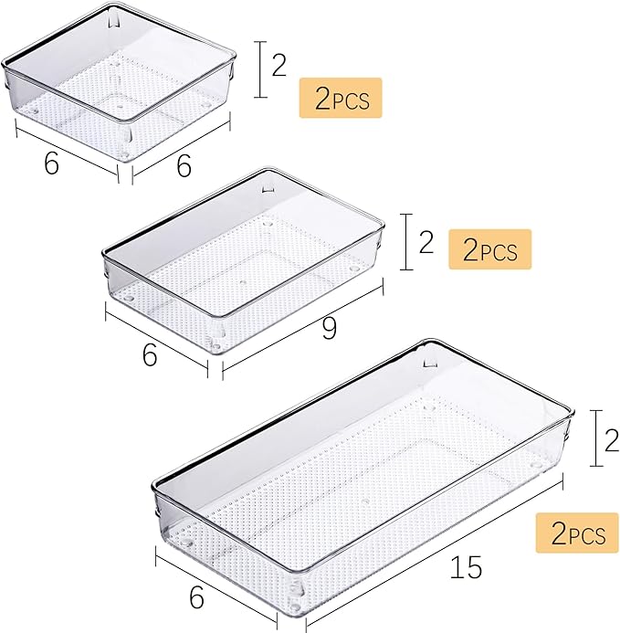ihomecooker 3 Pack Clear Plastic Drawer Organizer Tray Cutlery Utensil Makeups Drawer Silverware Organizers 12" X 6"… (6P(6X6+6X9+6X15))-NeatNest