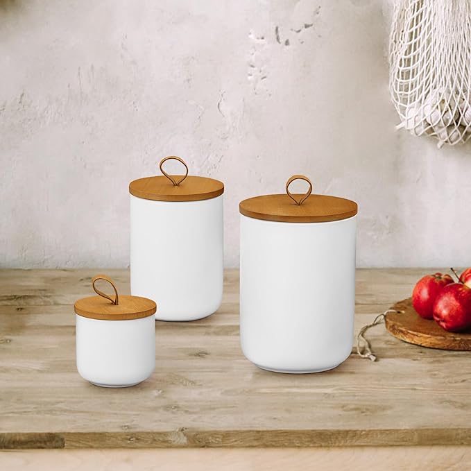 Ceramic Storage Jars, Modern Elegant Highly Polished Airtight Gorgeous Storage Canisters with Wooden Lid Small Food Stroage Jar for Kitchen Spice Tea Vanilla Sugar Coffee Beans (White trumpet)-NeatNest
