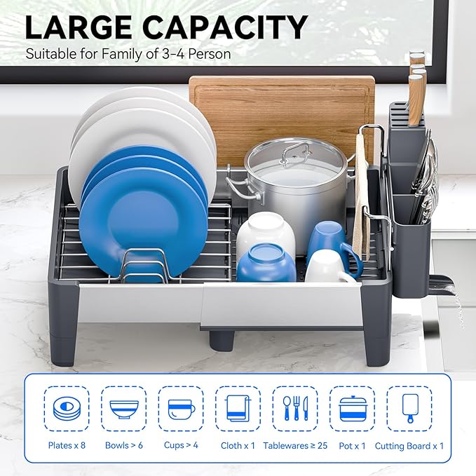 Expandable Dish Drying Rack, Stainless Steel Dish Rack with Aluminum Frame, Dish Racks for Kitchen Counter, Space Saving Kitchen Drying Rack with Movable Utensil Holder,Gray