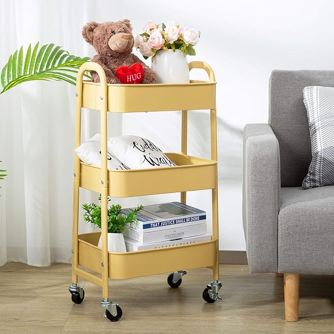 AGTEK Makeup Cart, Movable Rolling Organizer Cart, Khaki Yellow 3 Tier Metal Utility Cart-NeatNest