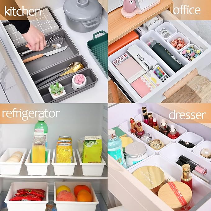 8 Pcs Desk Drawer Organizers, 3 Size Plastic Vanity and Bathroom Drawer Organizer Trays, Storage Bins for Makeup, Utensils, Jewelries, Office and Kitchen (White)-NeatNest