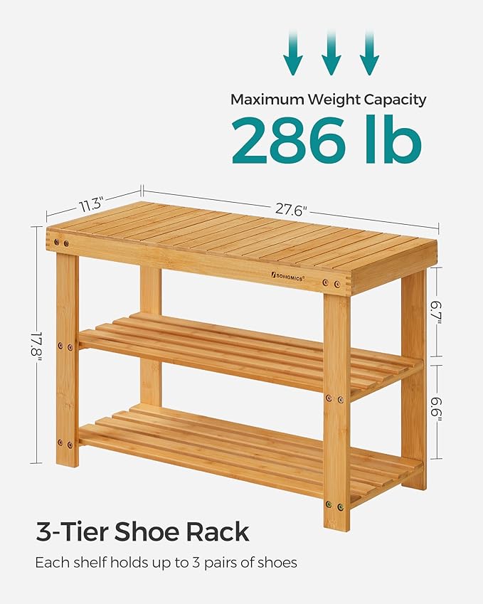 SONGMICS Shoe Rack Bench, 3-Tier Bamboo Shoe Storage Organizer, Entryway Bench, Holds Up to 286 lb, 11.3 x 27.6 x 17.8 Inches, for Entryway Bathroom Bedroom, Natural ULBS04N-NeatNest