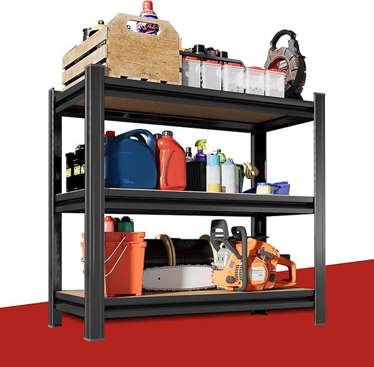 3 Tier Garage Shelving Wood Storage Shelves 600 lb Load Capacity 28.7" H*29.5" W*11.8" D Metal Shelving Suitable for Garage Kitchen Pantry,Black