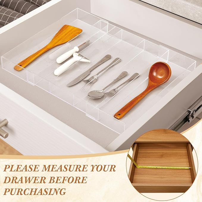 Expandable Kitchen Drawer Organizer Clear Acrylic Utensil Organizer Adjustable Acrylic Silverware Storage for Kitchen Drawers Silverware Flatware Knives(3-5 Compartments,12 x 16 Inches)