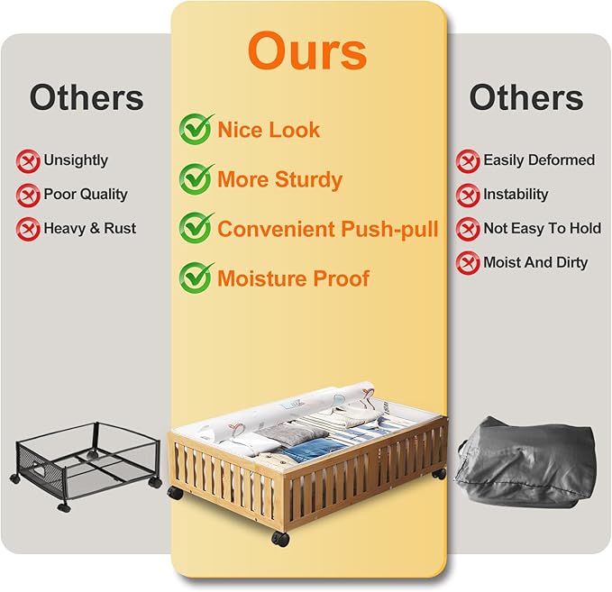 2Pack Bamboo Under Bed Storage Containers, UnderBed Storage with Wheels & 40L Large Capacity Dust Bag, Sturdy Rolling Under Bed Clothes Storage for Shoes Toy Book, Nature (24.02" × 16.54")-NeatNest