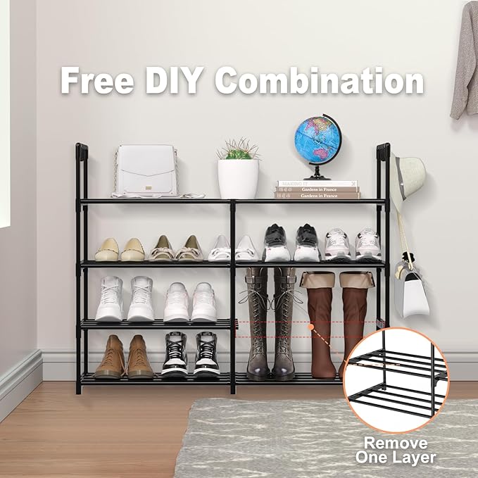 2 Rows 4 Tier Shoe Rack, Black Metal Stackable Shoe Shelf with Multifunctional Hooks, Hold 16-20 Pairs, Space Saving Shoe Organizer for Closet, Bedroom-NeatNest