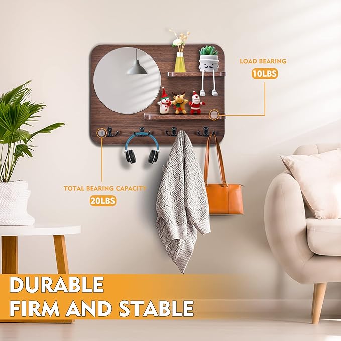 Coat Rack with Shelf Rustic Wooden Wall Mounted Hanging Coat Rack with Mirror Shelves and 4 Double Hooks Decorative Entryway Hook Shelf for Hallway Living Room Bedroom 16"x12" (Brown S)-NeatNest
