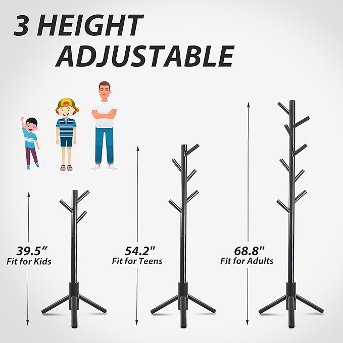 Durable Wooden Coat Rack, Freestanding Coat Rack with Stable Triangular Base, 8 Hooks & 3 Adjustable Heights, Simple Assembly for Bedroom, Hallway, Office(New Black)-NeatNest